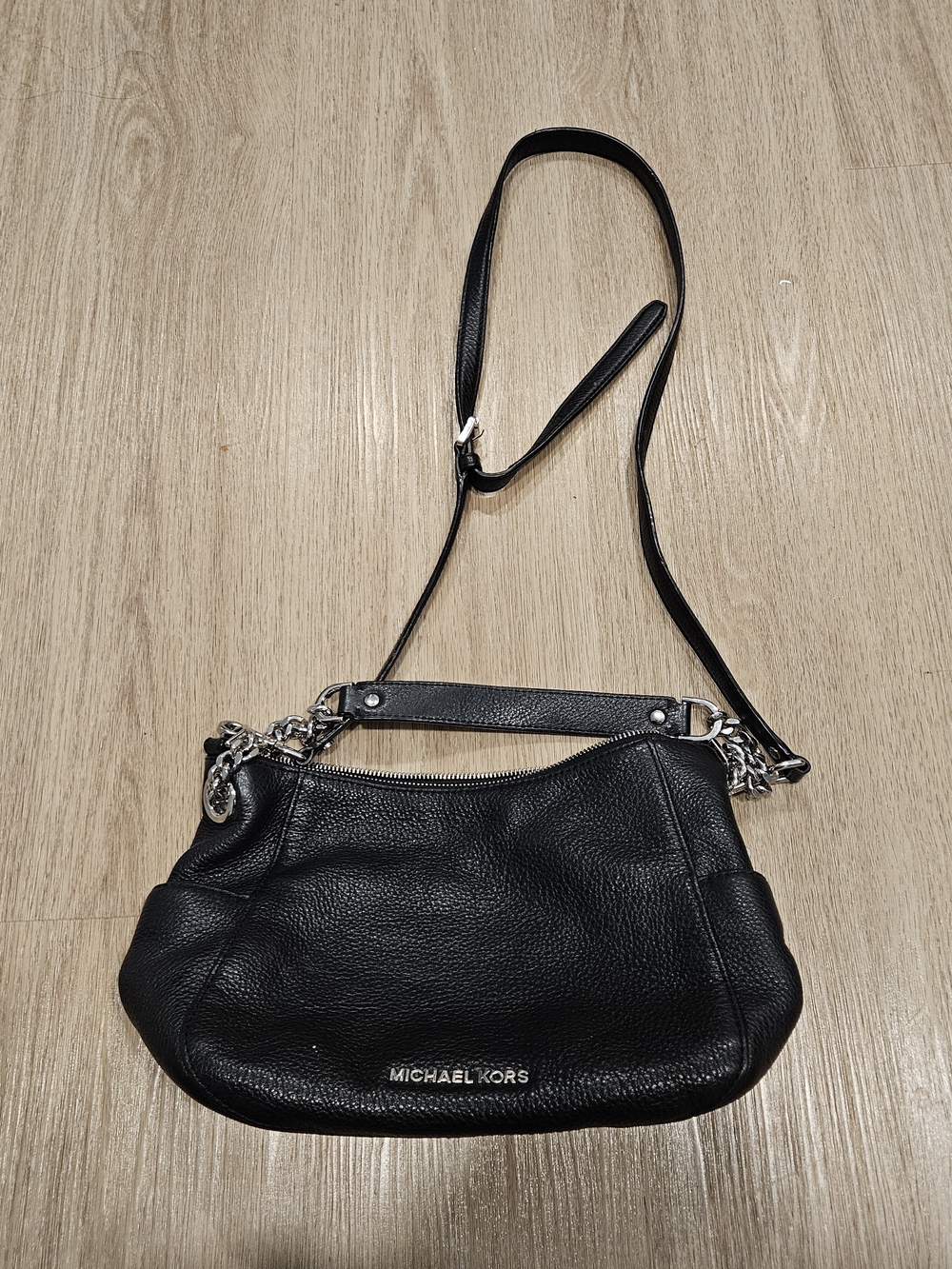 Michael Kors Black Pebbled Leather Shoulder Bag with Silver Hardware